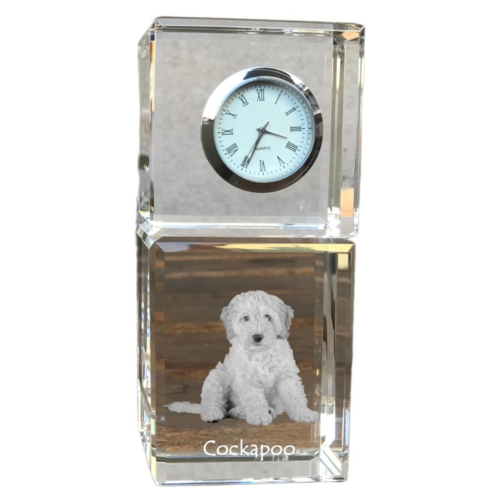 Ceas decorativ Art-Dog, cristal, fotografie rasa de catel, 14,5x6,5x4cm, Transparent