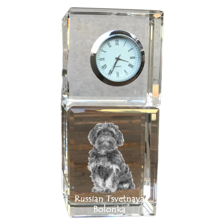 Ceas decorativ Art-Dog, cristal, fotografie rasa de catel, 14,5x6,5x4cm, Transparent