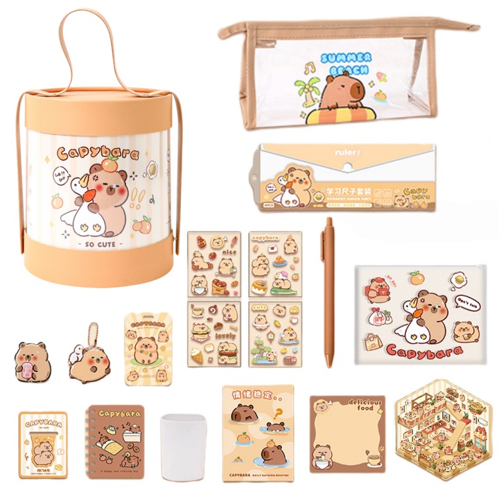 Set cadou de papetarie Capybara, Penar scolar, Penar pentru copii, Pachet de rechizite scolare, Cadouri pentru copii, cadouri de ziua de nastere, cadouri de Craciun, Include cutie de depozitare, penar, rigla, brosa, autocolante