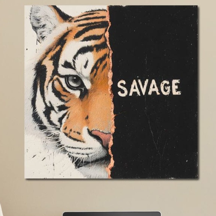 Tablou Canvas Premium, LuxCanva® M1449, Salbatic si Liber, 75 X 75 CM, Panza Bumbac 100% 400g/m2, Sasiu Lemn, Tigru, Felina, Chip, Dualitate, Mesaj, Privire, Curaj, Dominare, Invincibil, Modern, Birou, Living, Camera Copil