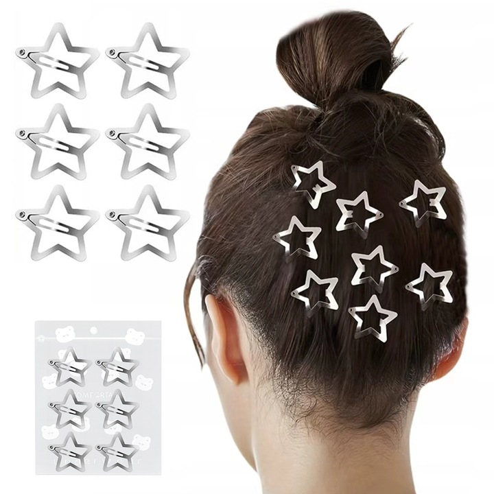 6 db fém hajcsat csillag alakú, ezüst színű, Y2K stílusú