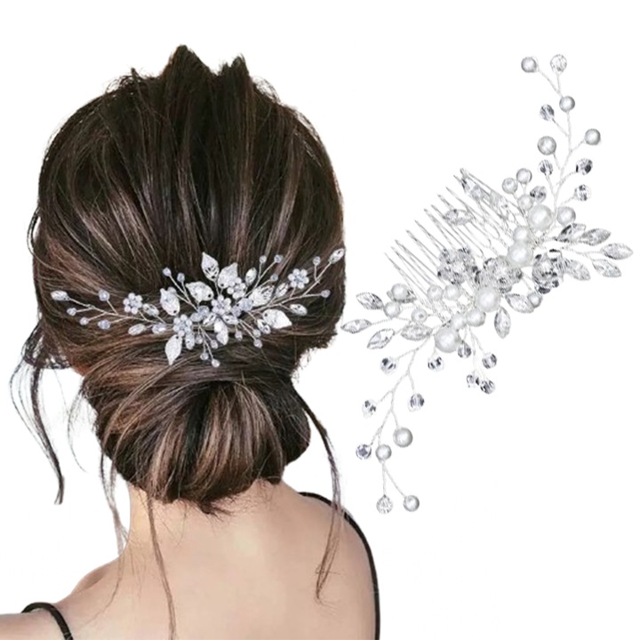 Ezüst diadém gyöngyökkel és kristályokkal, levélmintás, ezüstszínű