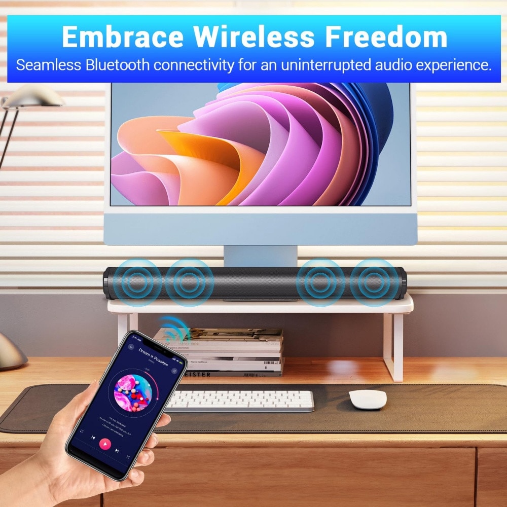 Bara de sunet Bluetooth 5.0 pentru Smart TV, sistem audio compact de 20 W cu 4 difuzoare, 6 moduri EQ, iesire 80 dB, sistem cinema reincarcabil, suporta USB/AUX/TF/FM/TWS/RCA, include telecomanda
