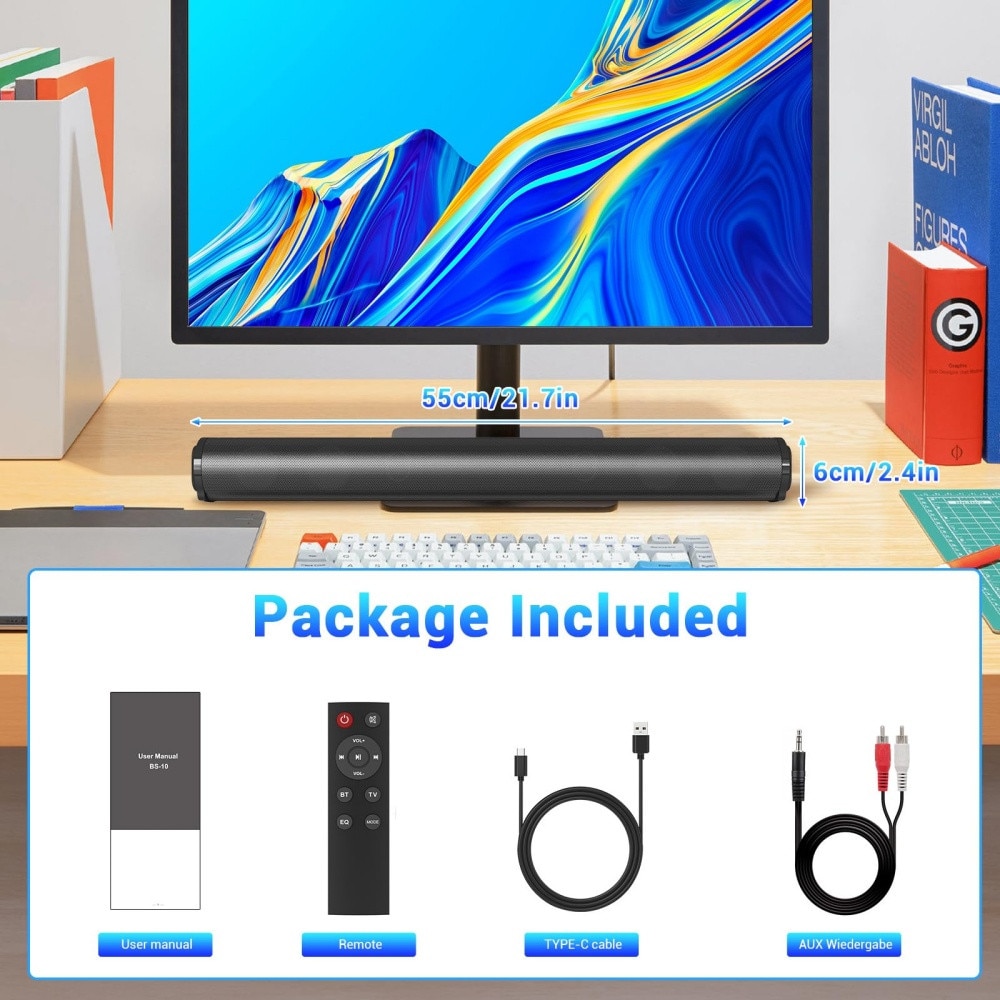 Bara de sunet Bluetooth 5.0 pentru Smart TV, sistem audio compact de 20 W cu 4 difuzoare, 6 moduri EQ, iesire 80 dB, sistem cinema reincarcabil, suporta USB/AUX/TF/FM/TWS/RCA, include telecomanda