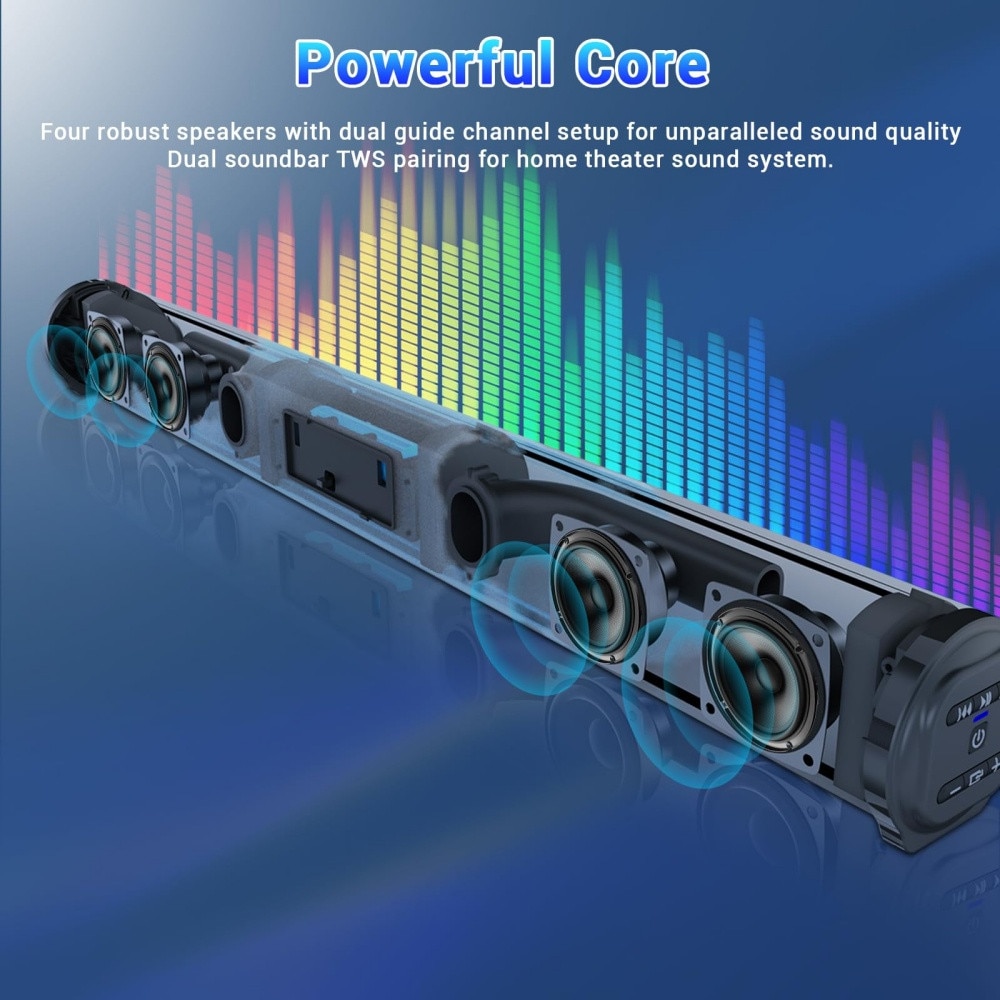 Bara de sunet Bluetooth 5.0 pentru Smart TV, sistem audio compact de 20 W cu 4 difuzoare, 6 moduri EQ, iesire 80 dB, sistem cinema reincarcabil, suporta USB/AUX/TF/FM/TWS/RCA, include telecomanda