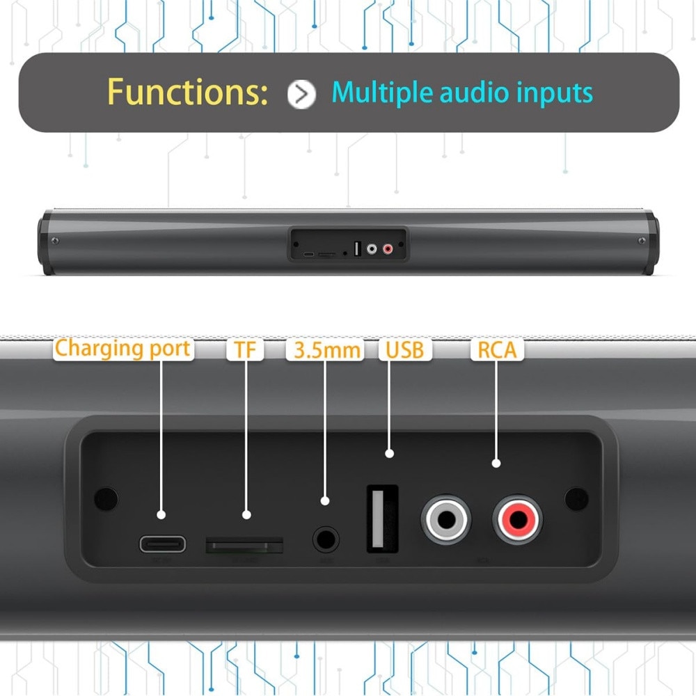 Bara de sunet Bluetooth 5.0 pentru Smart TV, sistem audio compact de 20 W cu 4 difuzoare, 6 moduri EQ, iesire 80 dB, sistem cinema reincarcabil, suporta USB/AUX/TF/FM/TWS/RCA, include telecomanda