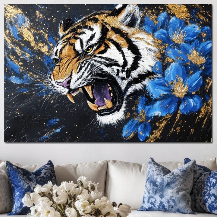 Tablou Canvas Premium, LuxCanva® M1450, Frumusetea din Haos, 80 X 120 CM, Panza Bumbac 100% 400g/m2, Sasiu Lemn, Flori, Petale, Auriu, Pictura, Raget, Tigru, Salbatic, Colti, Jungla, Animal, Exotic, Birou, Living, Camera Copil