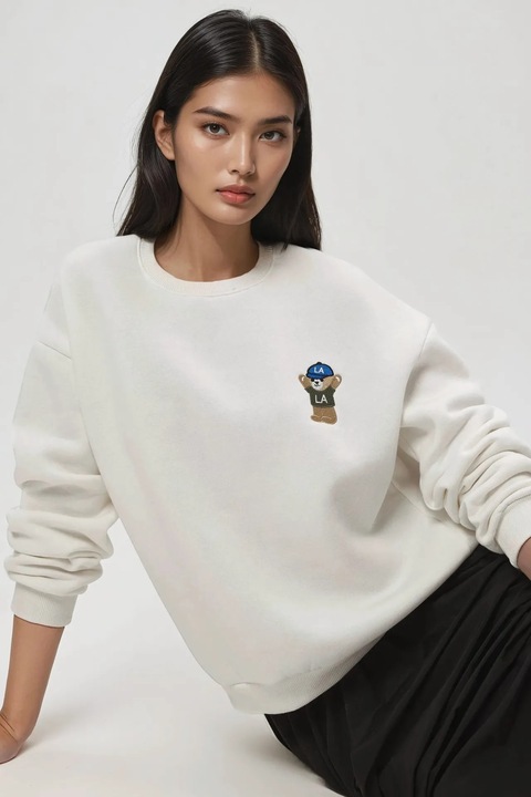 Hanorac dama HiCCUP, din bumbac brodat, alb-galbui, cu maneci lungi, guler rotund