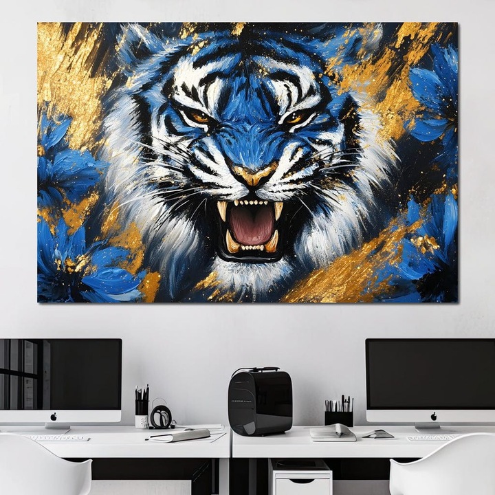 Премиум Канава Картина, LuxCanva® M1451, Син Пламък, 100 X 150 СМ, Платно 100% Памук 400гр/м2, Дървена Рамка, Тигър, Фелин, Дивота, Зъби, Ивици, Свиреп, Ярост, Лазур, Златист, Вик, Картина, Абстрактен, Офис, Хол, Детска Стая