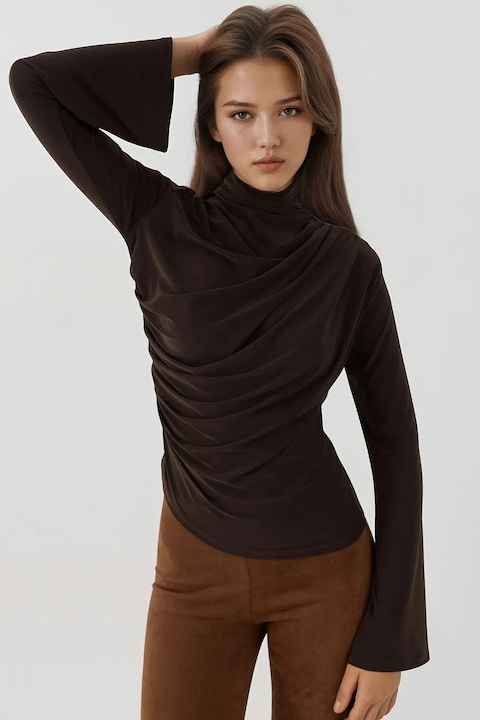 Bluza dama, HiCCUP, eleganta, tricot, maneca lunga, croiala slim, maro