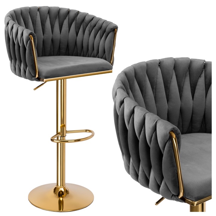 Grafit bárszék bársony kárpitozással, arany talppal, állítható, forgatható