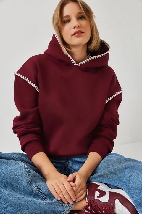 Hanorac cu gluga HiCCUP, detalii din dantela, croiala relaxata, visiniu, bumbac, Visiniu