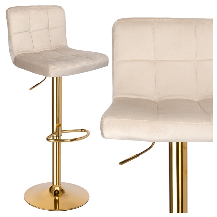 Hoker bar, Arako, welur bej, rotativ 360°, inaltime reglabila, baza aurie