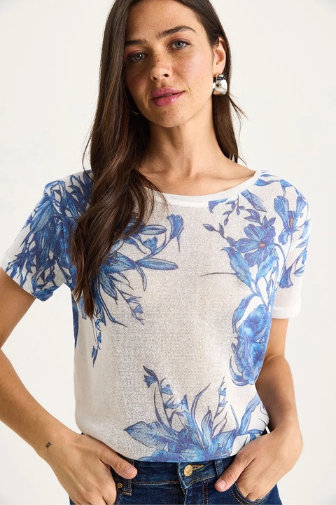 Tricou dama HiCCUP, decolteu rotund, imprimeu floral, Gri