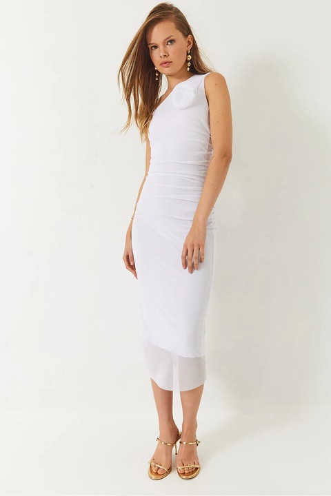 Миди рокля, HiCCUP, асиметрична яка, панделка, бял, тюл
