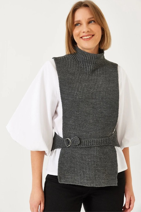 Bluza dama, Bianco Lucci, cu guler inalt, tricot, Alb/Gri, S-M