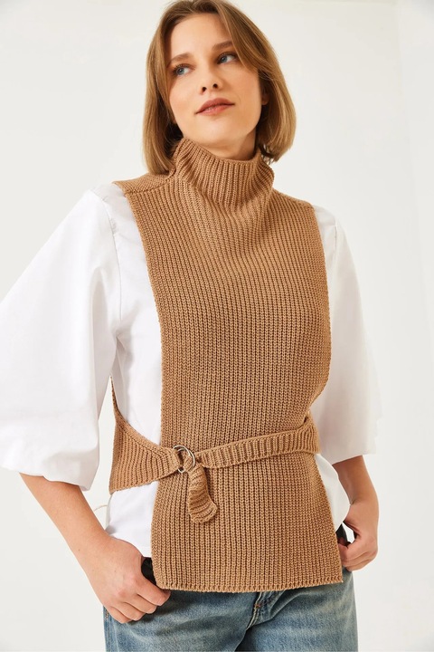 Bluza dama, Bianco Lucci, cu guler inalt, tricot, alb/maro, S-M INTL