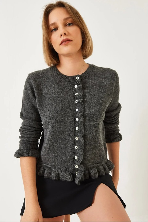 Pulover dama, Bianco Lucci, cardigan cu guler rotund si volanase, tricot, Gri inchis, S-M