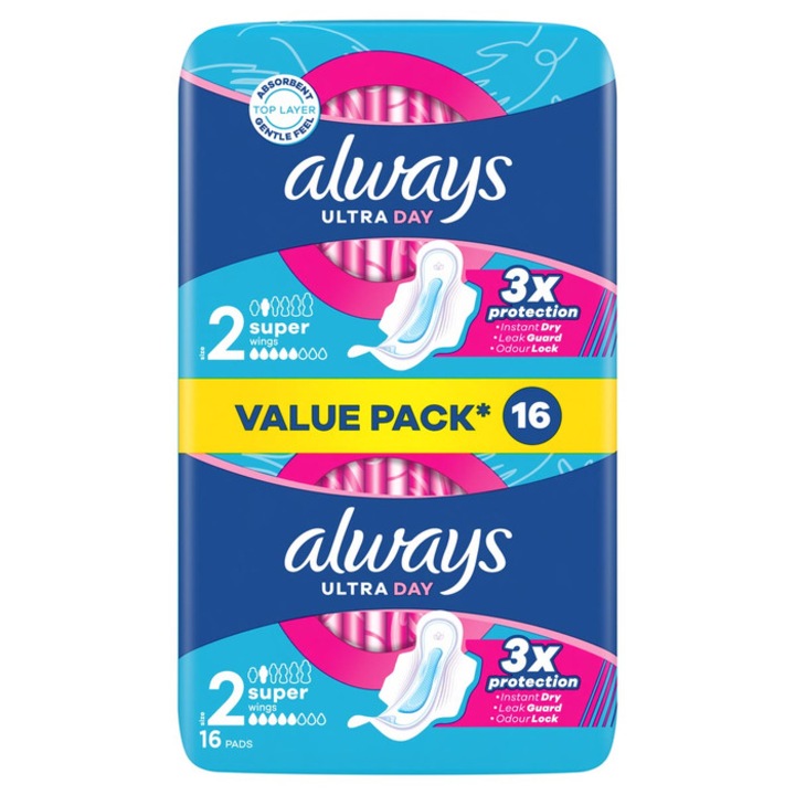 ALWAYS Ultra Day 2 Super, комплект 16 превръзки с крилца, технология InstantDry, бял, размер 2