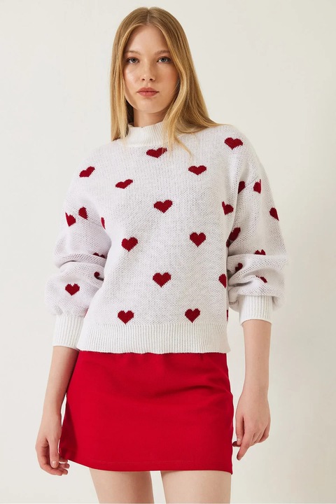 Női pulóver, HiCCUP, kerek nyakú, szív mintás, laza szabású, fehér, kötött, S-M INTL