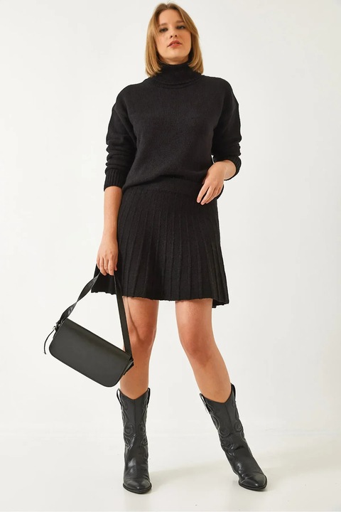 Rochie eleganta, Bianco Lucci, set tricotat, guler inalt, negru, tricot, S-M INTL