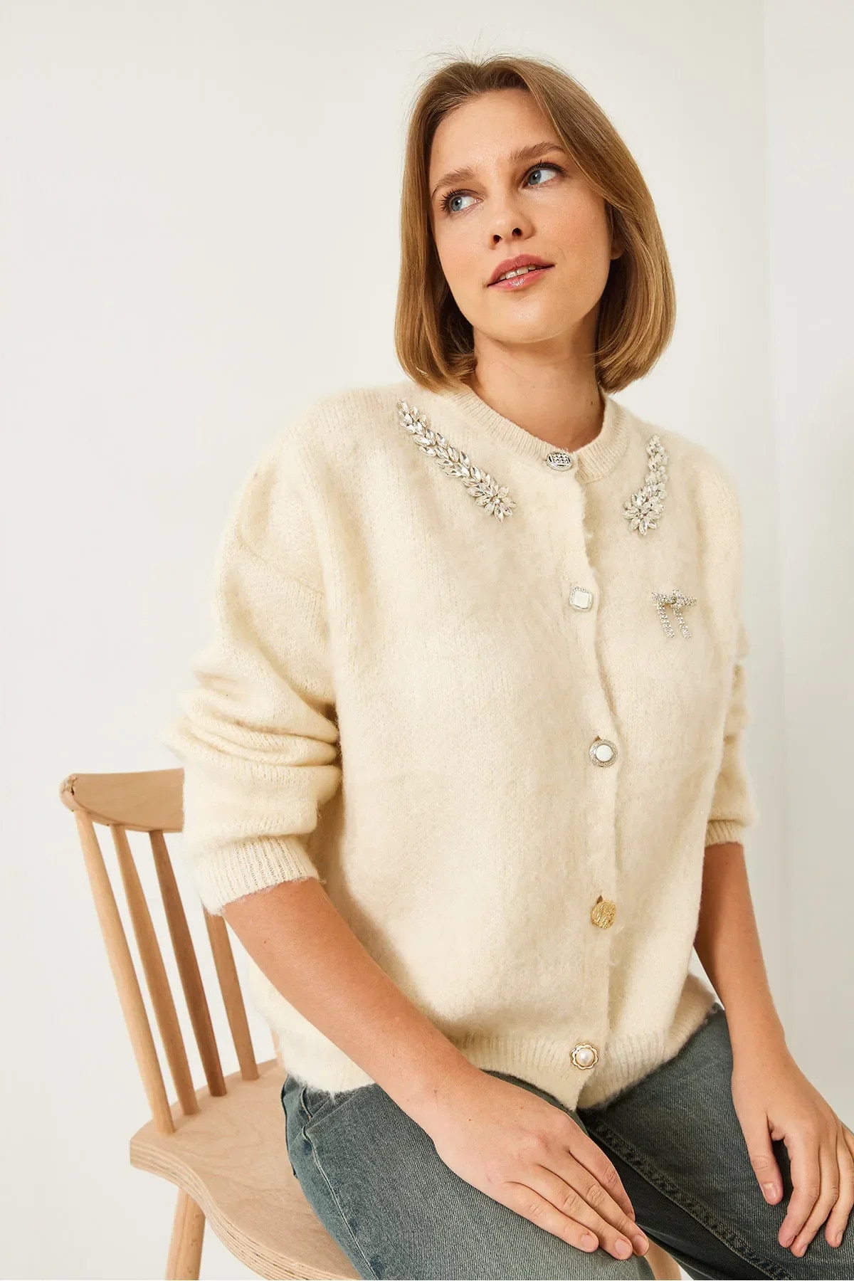 トップス hholic lib stretch cardigan 2pieces set Pulover dama, HiCCUP, cardigan cu maneca lunga si guler rotund