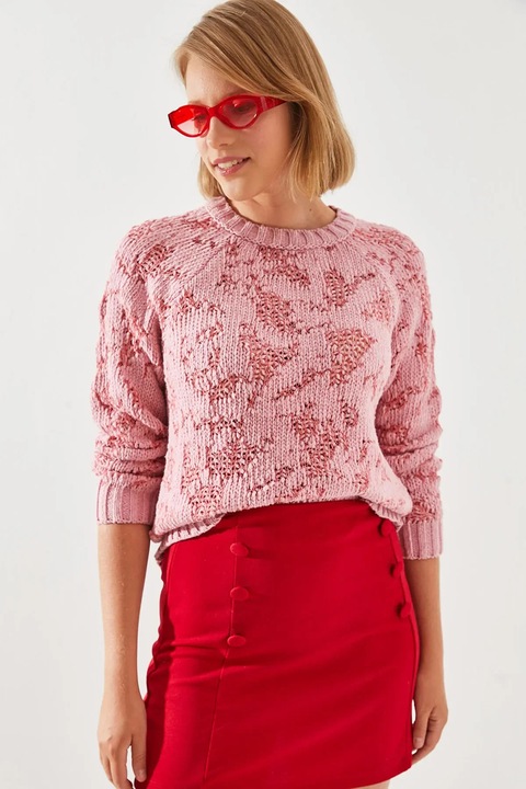 Pulover tricotat HiCCUP, abstract, detalii nervurate, roz aprins, acril, S-M INTL