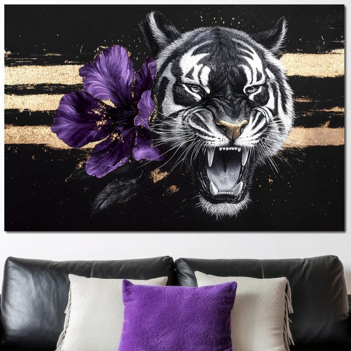 Картина на платно LuxCanva® M1453, Между Злато и Листенца, 100 X 150 см, 100% Памучно Платно 400гр/м2, Дървена Рамка, Виолетов, Цвете, Райета, Мистичен, Елегантен, Готически, Тъмен, Котешки, Тигър, Ирис, Абстрактно Изкуство, Офис, Дневна, Детска Стая
