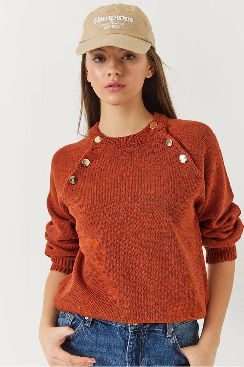 Pulover dama, HiCCUP, texturat, guler rotund, maro, tricot, S-M INTL