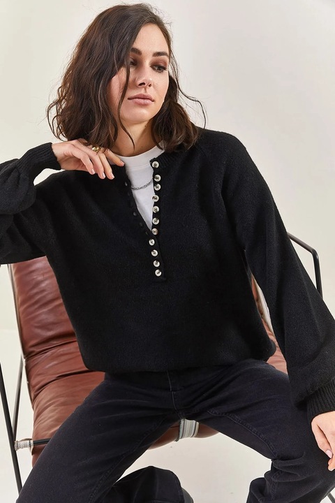 Hosszú ujjú, csíkos, gombos gallérú HiCCUP pulóver, akril és poliészter, S-M INTL