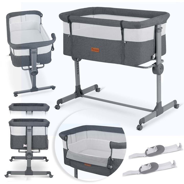 Patut bebe pliabil, NUKIDO, cu reglare inaltime, 81x48cm, 4 roti cu frana, pentru 0-5 luni, 9kg