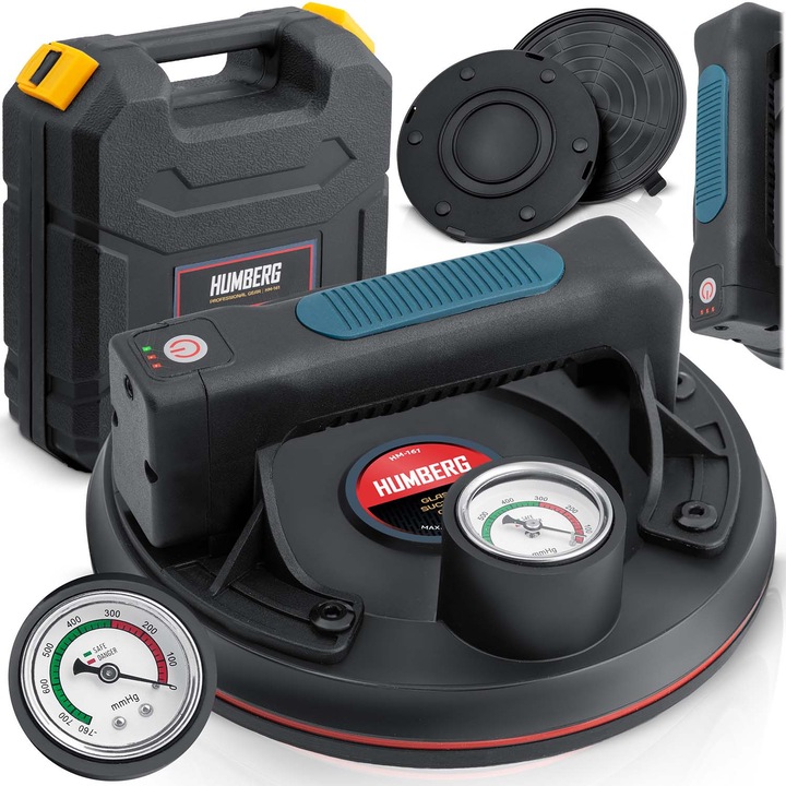 Ventuza electrica cu vid pentru gresie, Humberg, cu capacitate de 200 kg, manometru, 200 mm, 1 kg