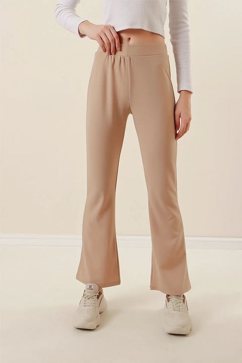 Дамски панталони, HiCCUP, разкроени, с ластична талия, бежови, полиестер