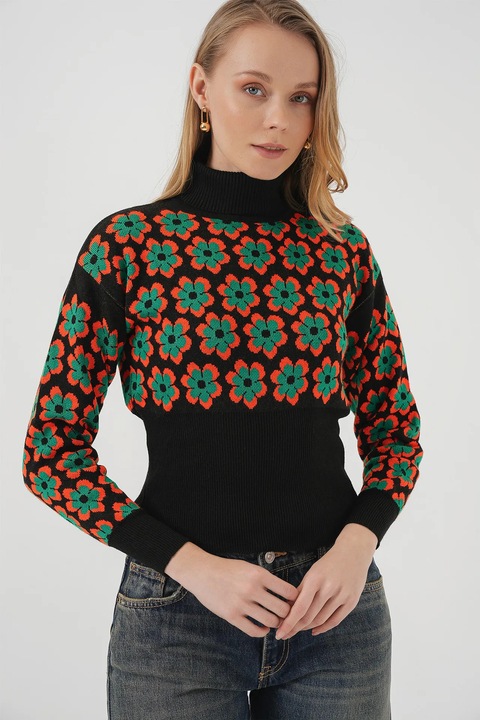 Къс пуловер, HiCCUP, висока яка, флорален десен, многоцветен, плетиво, S-M INTL