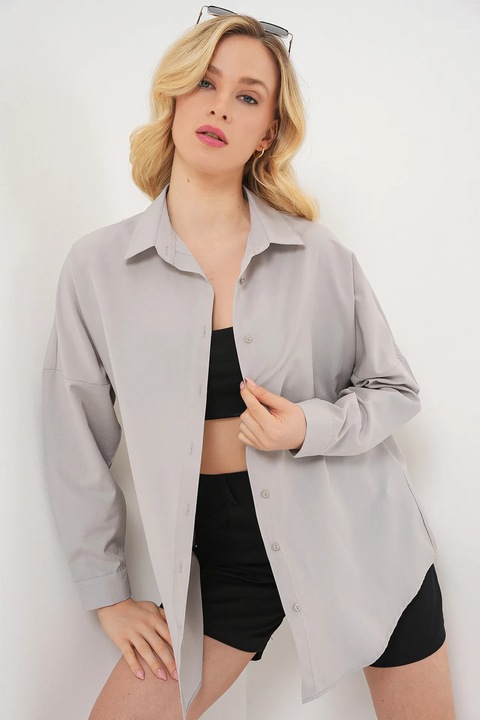 Уголемена риза, HiCCUP, с дълъг ръкав, светлосива, памук и полиестер