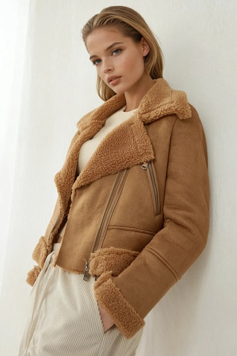 Jacheta dama, piele ecologica, BigDart, cu guler elegant, Maro cafea, L