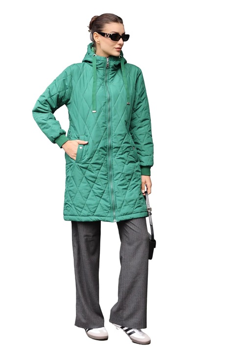 Geaca lunga dama, cu gluga, HiCCUP, textil, verde smarald