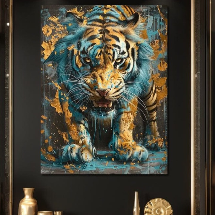 Tablou Canvas Premium, LuxCanva® M1455, Infruntarea Destinului, 75 X 100 CM, Panza Bumbac 100% 400g/m2, Sasiu Lemn, Tigru, Furios, Animal, Salbatic, Atac, Miscare, Privire, Instinct, Dominant, Vopsea, Birou, Living, Camera Copil