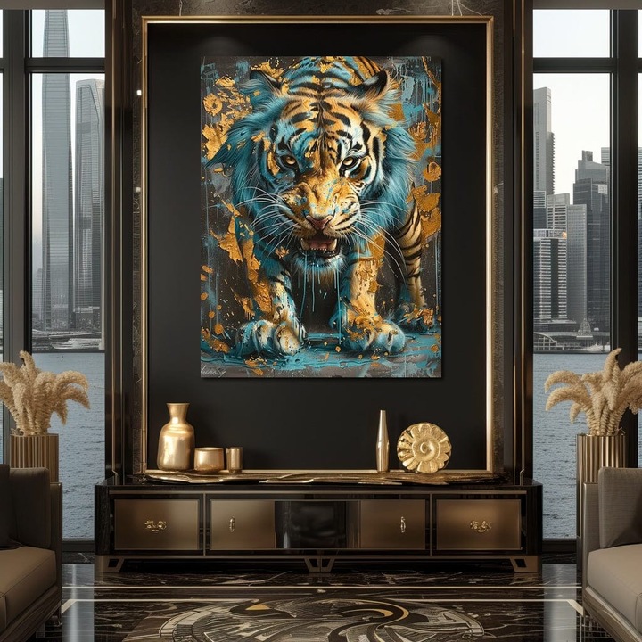 Премиум Канава картина, LuxCanva® M1455, Сблъсък на съдбата, 75 X 100 СМ, 100% Памучно платно 400гр/м2, Дървена рамка, Тигър, Яростен, Животно, Диво, Атака, Движение, Поглед, Инстинкт, Доминантен, Боя, Офис, Хол, Детска стая