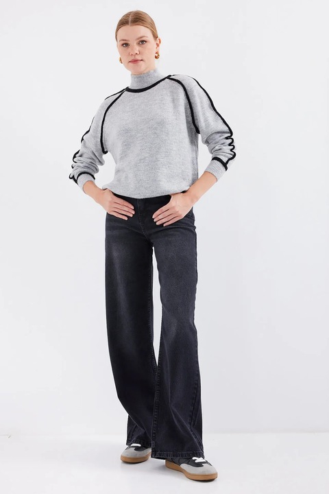 Дамски пуловер, HiCCUP, висока яка, уголемени райета, светлосив, плетиво, S-M INTL