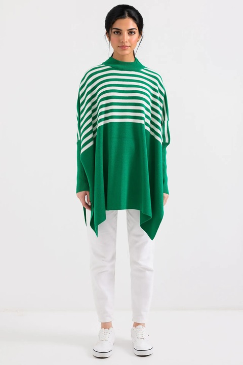 Дамски пуловер, HiCCUP, с висока яка, райета, горско зелено, плетиво, S-M INTL