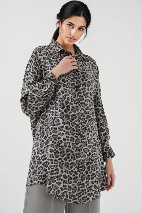 Hosszú gombos ing HiCCUP, leopárdmintás, fekete, viszkóz és poliészter keverék