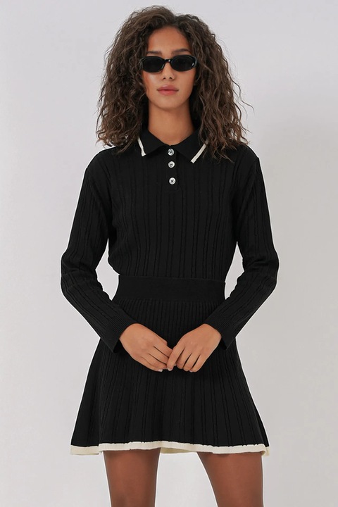 Set coordonat tricotat BigDart, guler polo, material acrilic, Negru, S-M