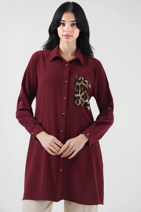 Női HiCCUP hosszú ujjú ing, leopárd mintás, bordó, poliészter/lycra anyag, S INTL