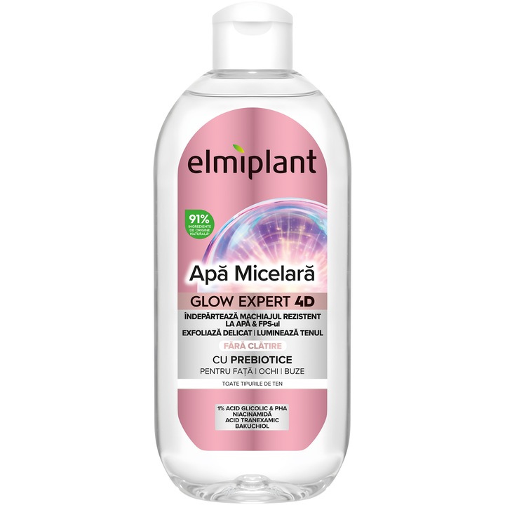 Apa micelara iluminatoare, Elmiplant GLOW EXPERT 4D, pentru fata, ochi si buze, cu Prebiotice, 400 ml
