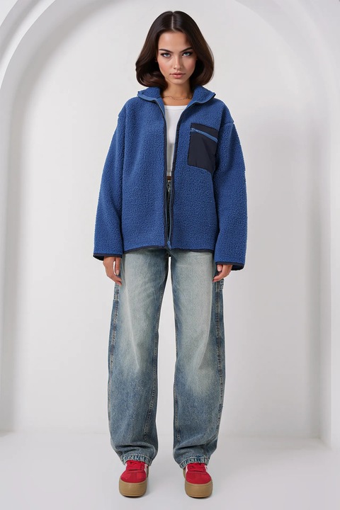 Palton dama HiCCUP, supradimensionat, blana artificiala, albastru, fleece