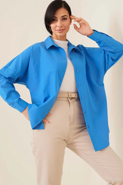 Риза HiCCUP от поплин, свободна кройка, кобалтово синьо, памук/полиестер