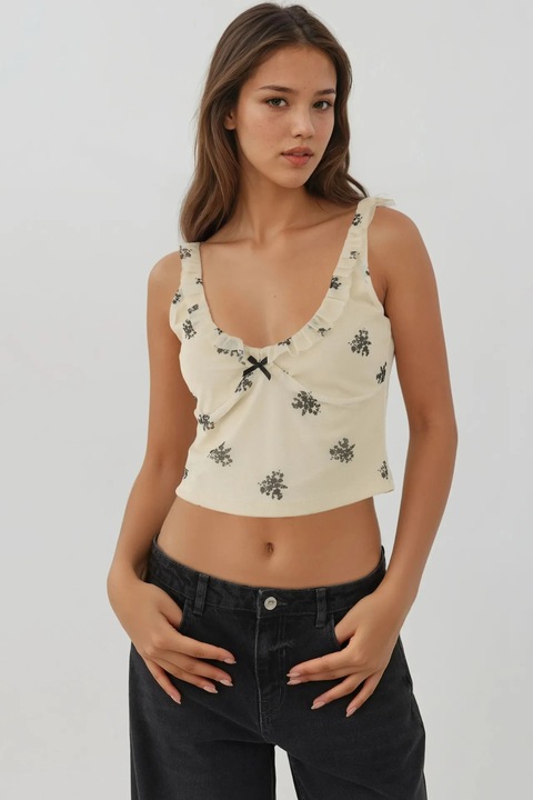 Дамски къс потник HiCCUP, жив принт, текстилен, U-образно деколте, кремав/черен