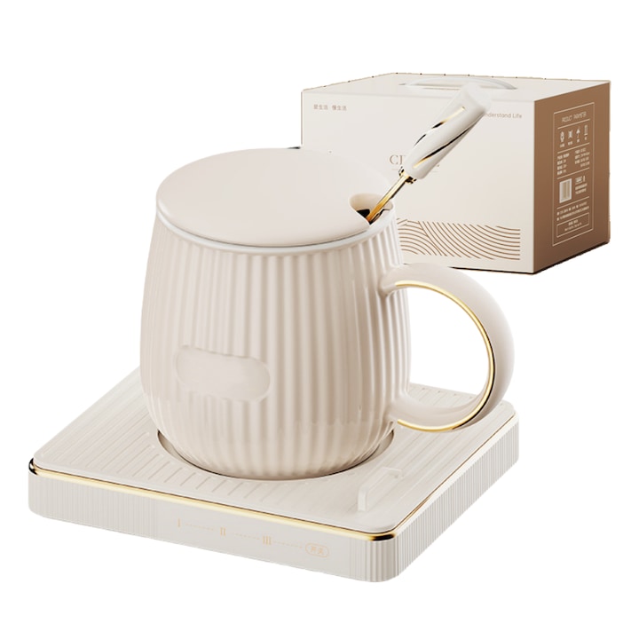 Set cana ceramica, Include cana ceramica de 380 ml, Covoras din silicon rezistent la caldura, capac termorezistent, lingura si plita electrica prin inductie, pentru mentinerea bauturilor calde, 45/55/65 grade, cu inductie, buton touch