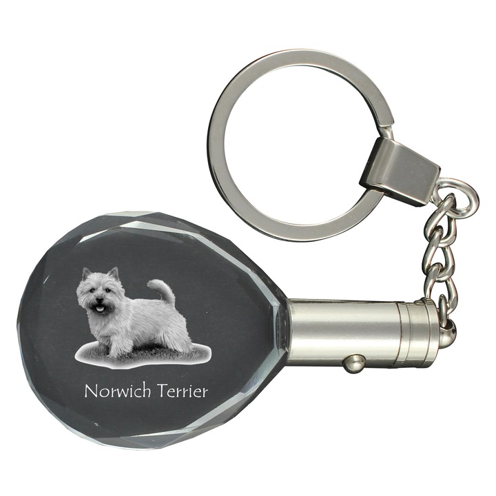 Kristály kulcstartó, Norwich terrier, világító, 40x35x10mm, ajándékszett